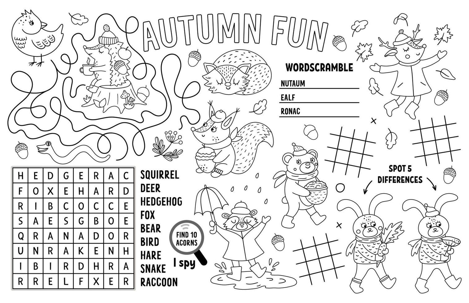 Vector autumn placemat for kids Fall printable activity mat with maze