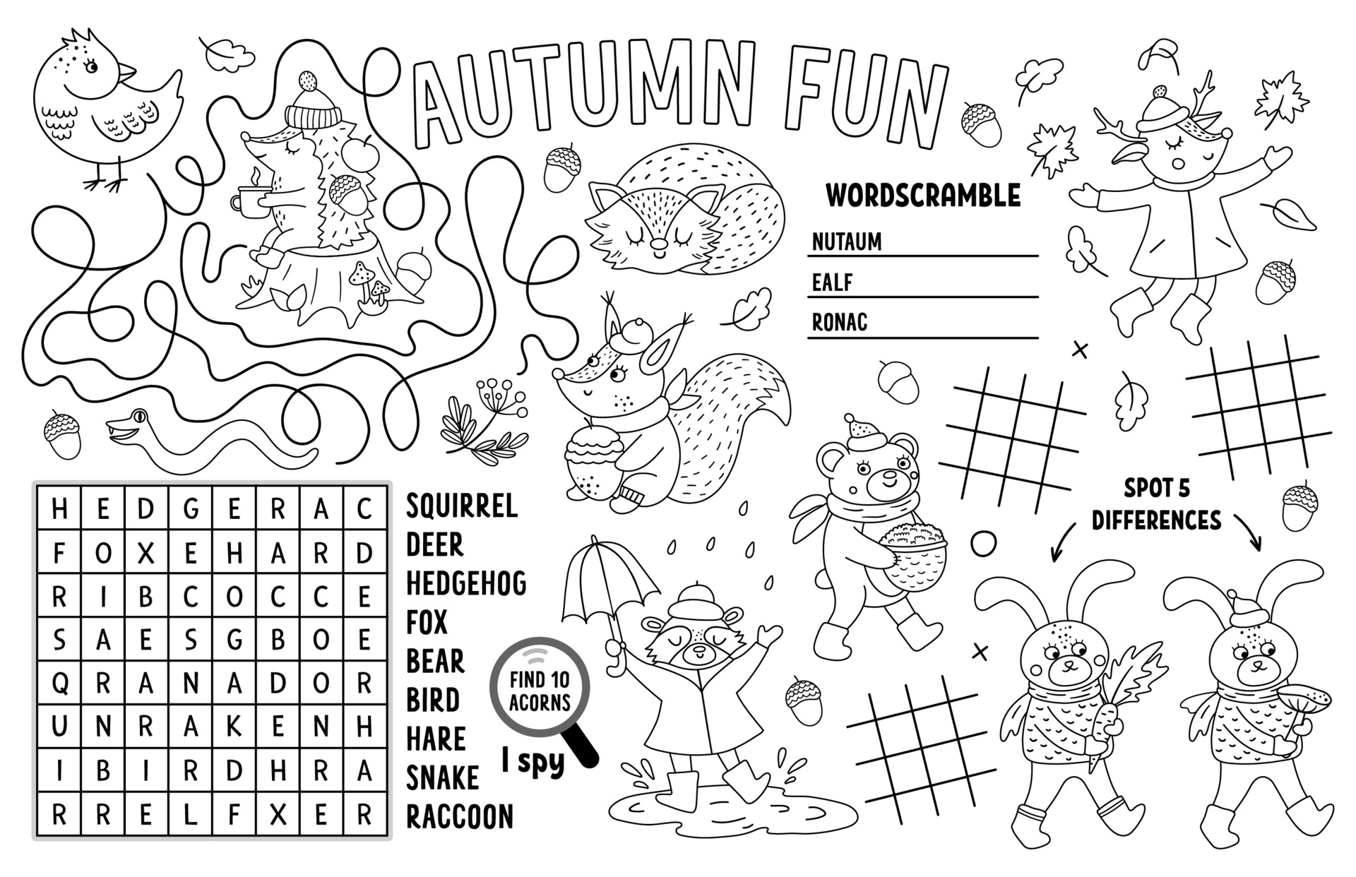 Vector autumn placemat for kids. Fall printable activity mat with maze