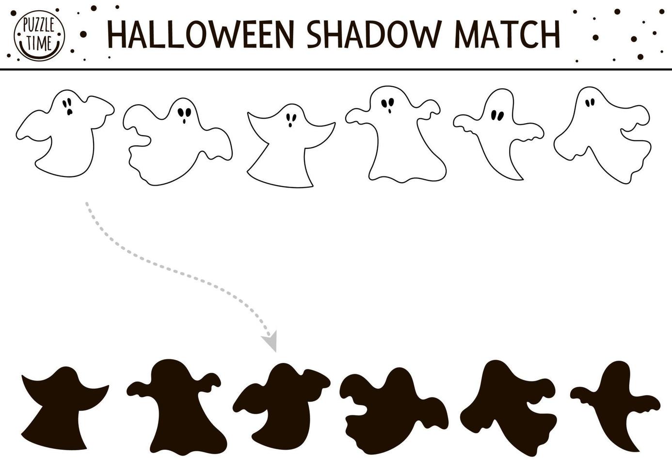 actividad de combinación de sombras en blanco y negro de halloween. Rompecabezas de línea de otoño con fantasma. Página para colorear o juego para niños con fantasmas aterradores. encontrar la hoja de trabajo imprimible de la silueta correcta. vector