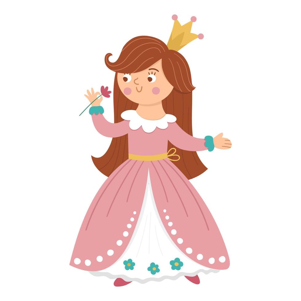 princesa de vector de cuento de hadas que huele a flor. chica de fantasía en corona aislado sobre fondo blanco. sirvienta de cuento de hadas medieval en vestido rosa. icono mágico de dibujos animados de niña con carácter lindo.