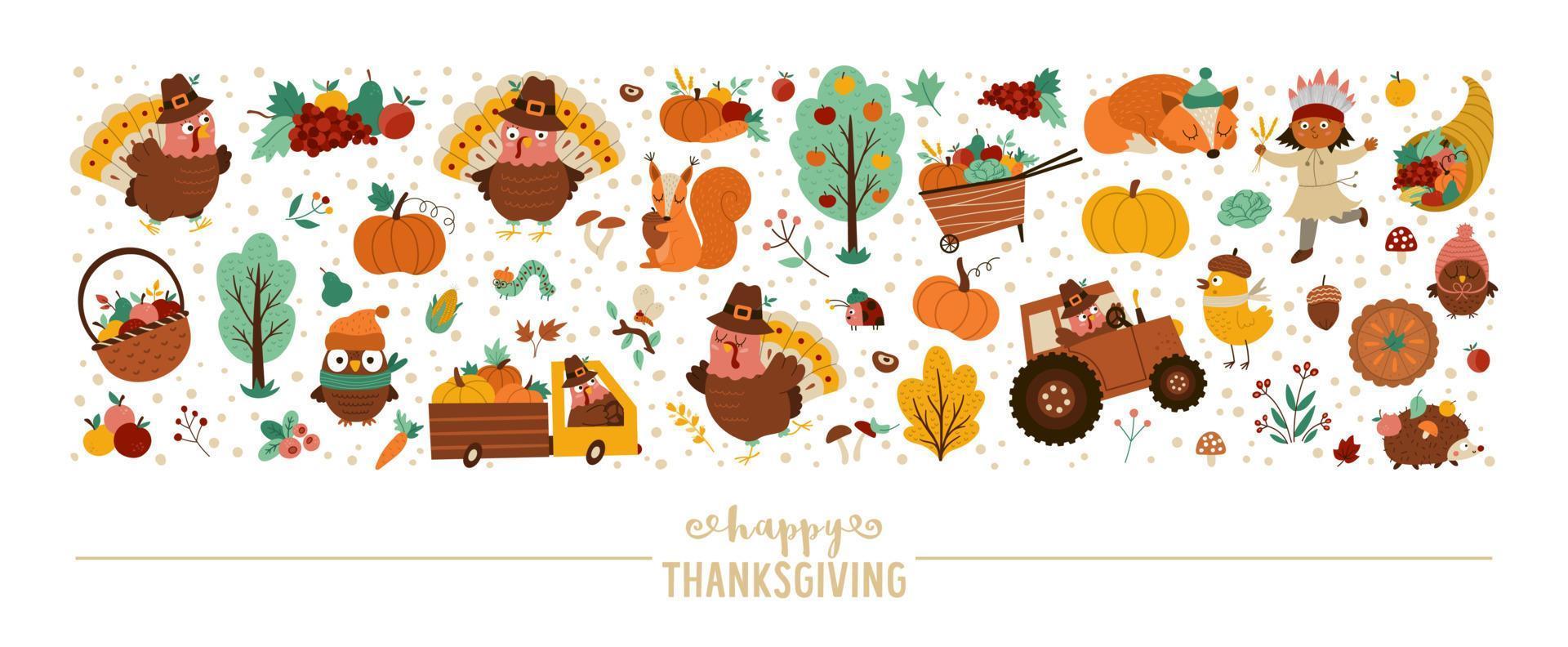 Vector horizontal set with cute comic forest animals, Thanksgiving elements, pumpkins, harvest. Autumn card template border design for banners, posters, invitations. Cute fall illustration