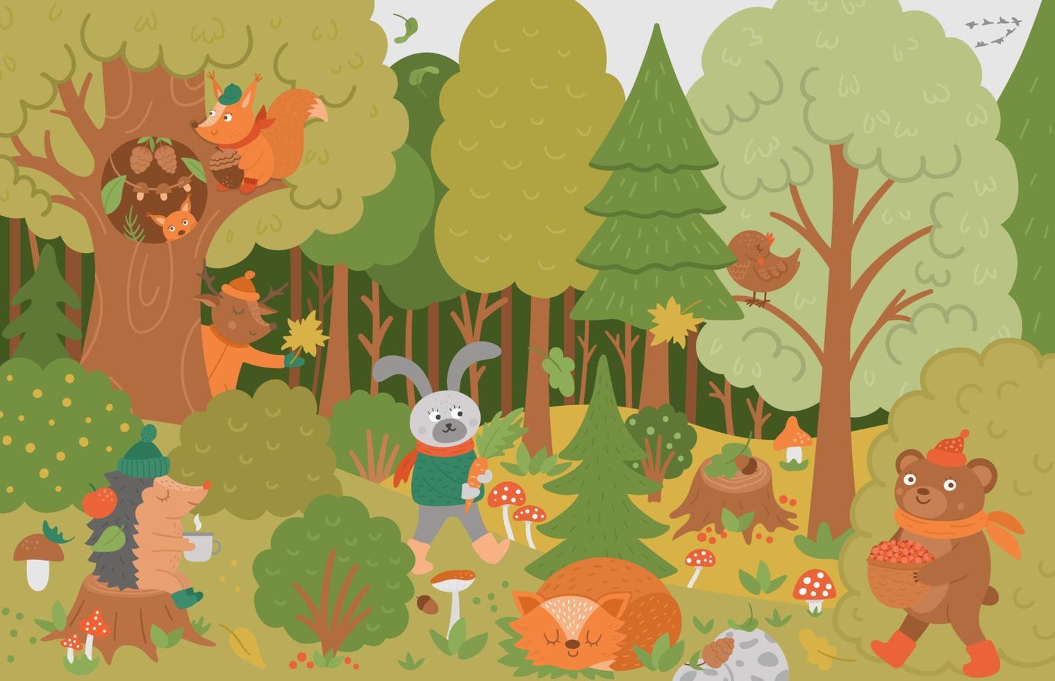 Vector fondo de bosque otoñal con lindos animales, hojas, árboles, setas. divertida escena de bosque con oso, ardilla, zorro dormido y plantas. Ilustración de caída plana para niños.