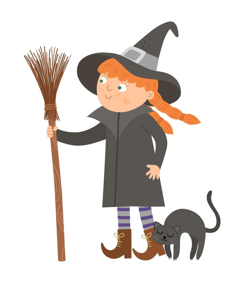 Cute vector witch. Halloween character icon. Funny autumn all saints eve illustration with standing girl, broomstick and cuddling black cat. Samhain party sign design for kids.