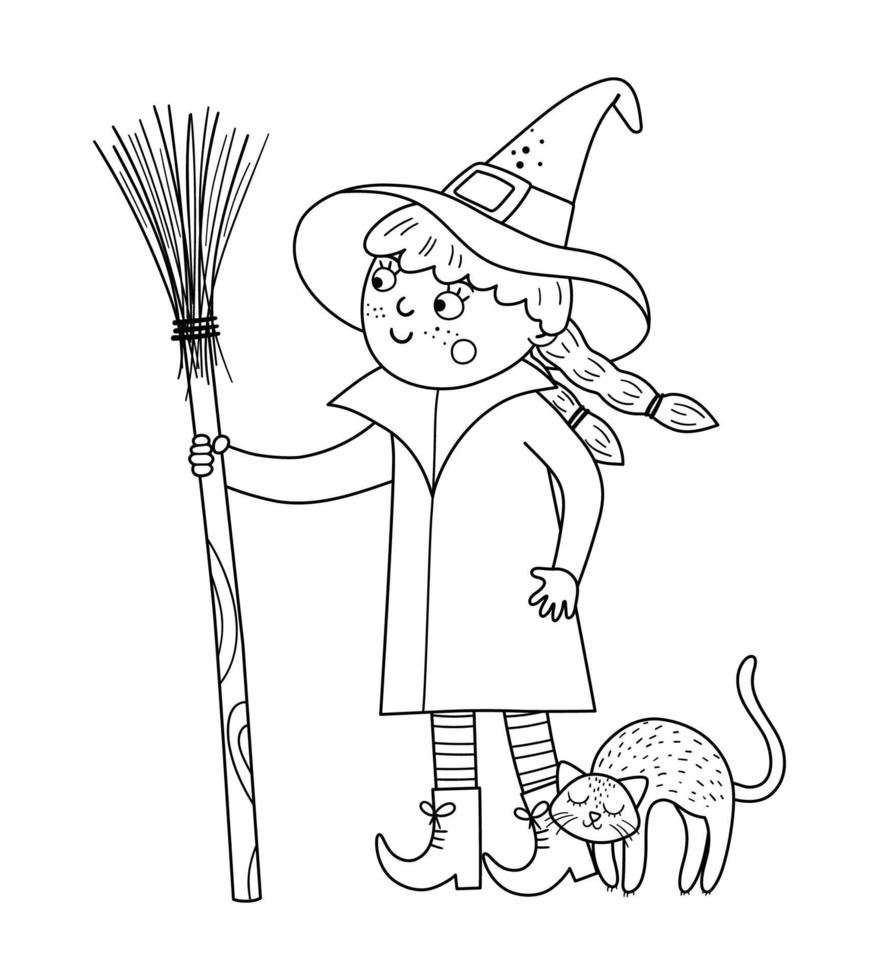 bruja linda del vector. icono de personaje blanco y negro de halloween. Ilustración divertida de la víspera de todos los santos de otoño con una chica de pie, un palo de escoba y un gato negro cariñoso. fiesta de samhain página para colorear para niños. vector