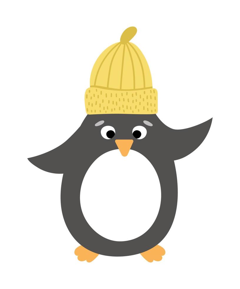 pingüino de vector con sombrero amarillo. linda ilustración de pájaro de invierno. diseño divertido de la tarjeta de Navidad. impresión de año nuevo con personaje sonriente