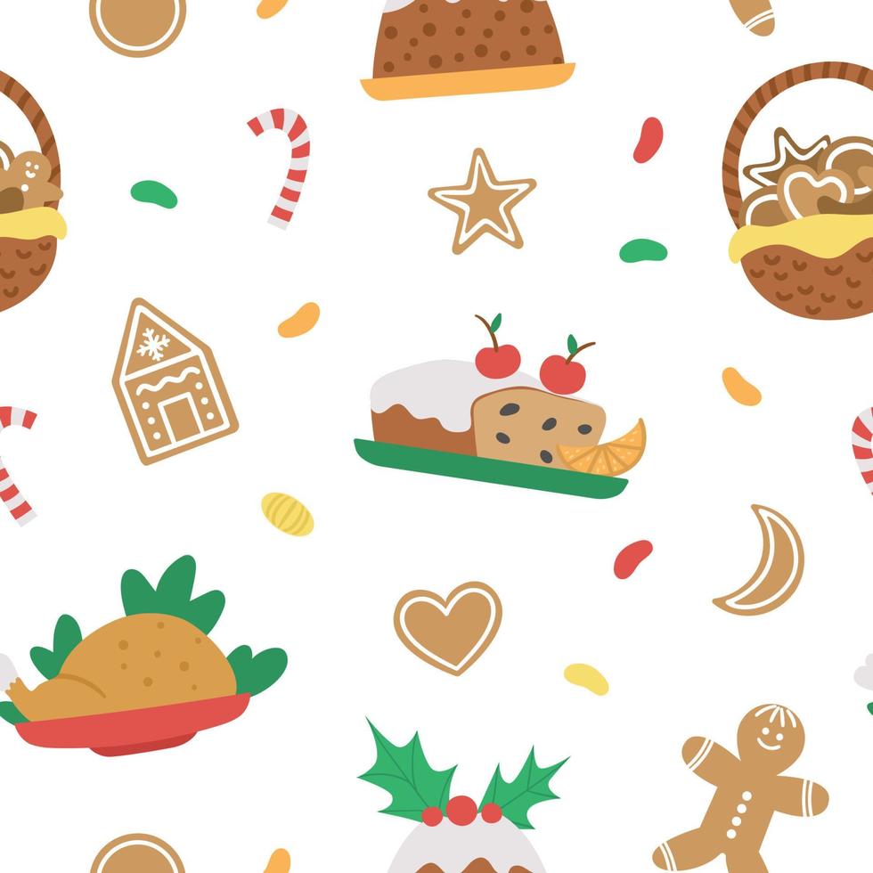Vector seamless pattern with traditional Christmas desserts and dishes. Cute funny repeating background new year meal. Digital paper with winter food.