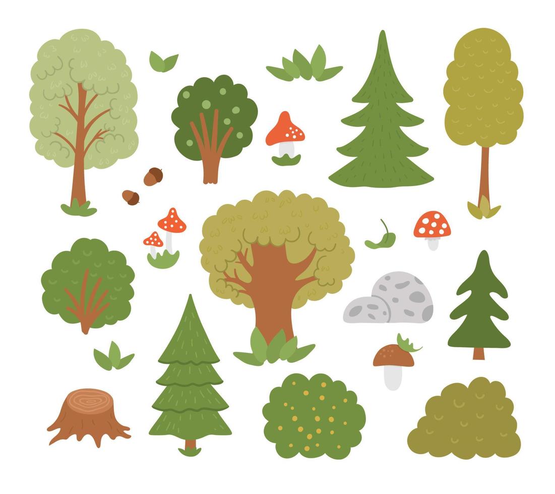 Vector set of forest trees, plants, shrubs, bushes, mushrooms isolated on white background. Flat autumn woodland illustration. Natural greenery icons collection