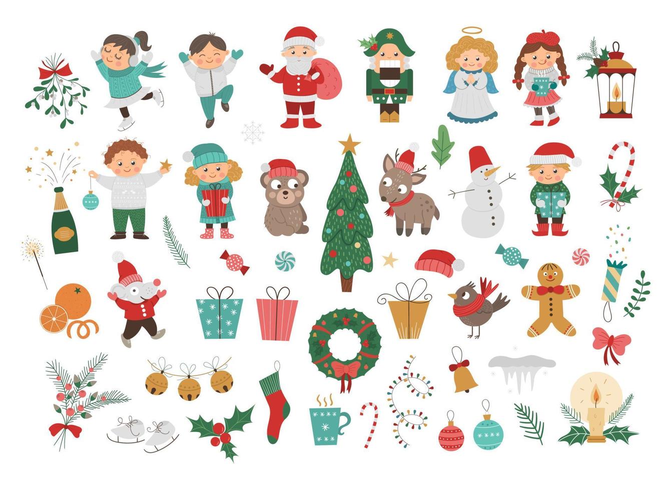 Big vector set of Christmas elements and children, Santa Claus in red hat with sack, angel, nutcracker, Christmas tree isolated on white. Cute funny illustration for decorations or new year design.