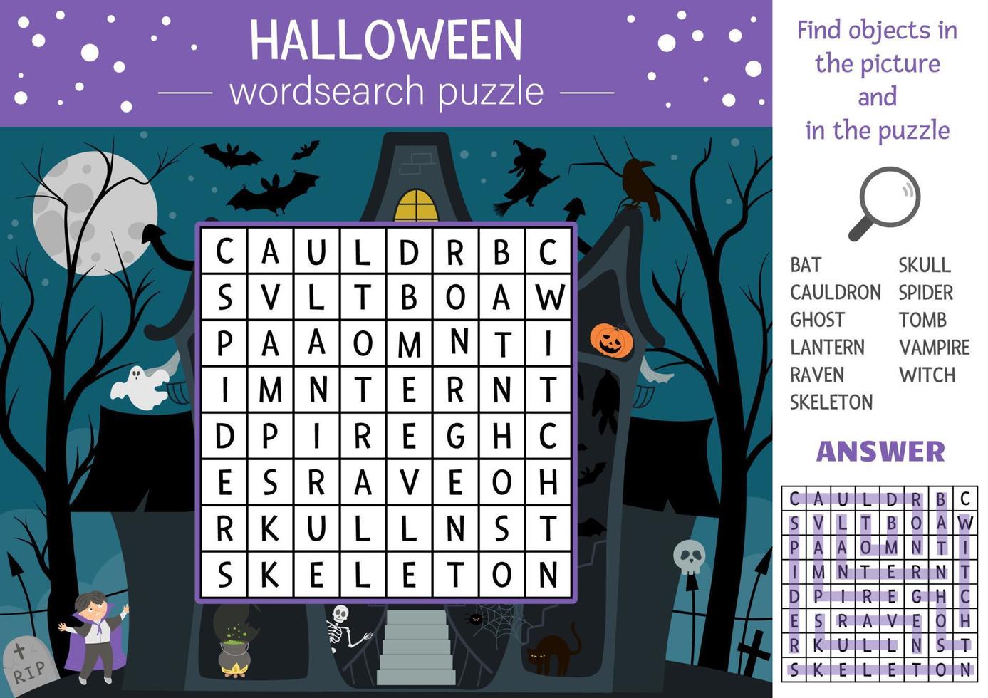 Rompecabezas de sopa de letras de halloween de vector para niños. crucigrama simple con casa embrujada y objetos tradicionales de miedo para niños. actividad educativa de palabras clave con bruja divertida, vampiro, fantasma, murciélago