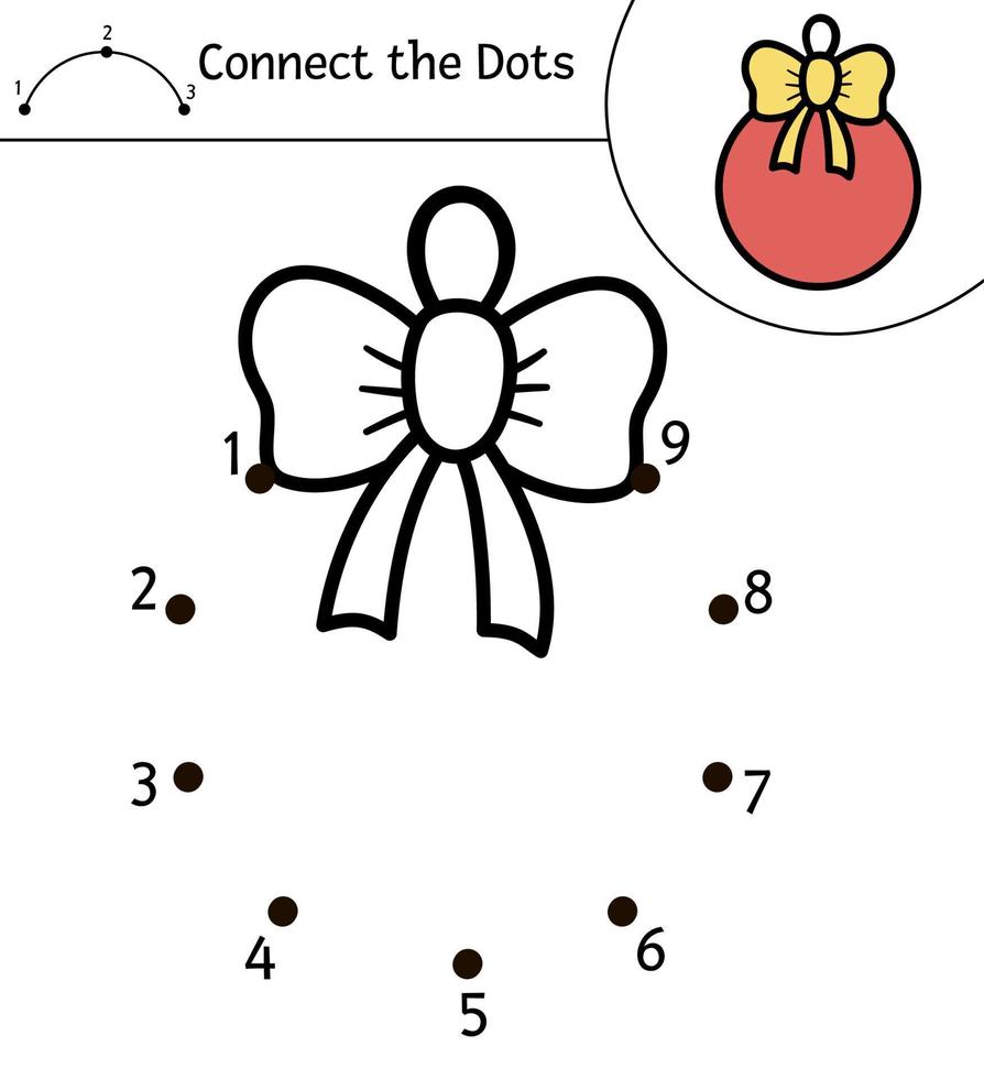 Vector Christmas dot-to-dot and color activity with cute colored ball. Winter holiday connect the dots game for children. Funny coloring page for kids with traditional New Year symbol.