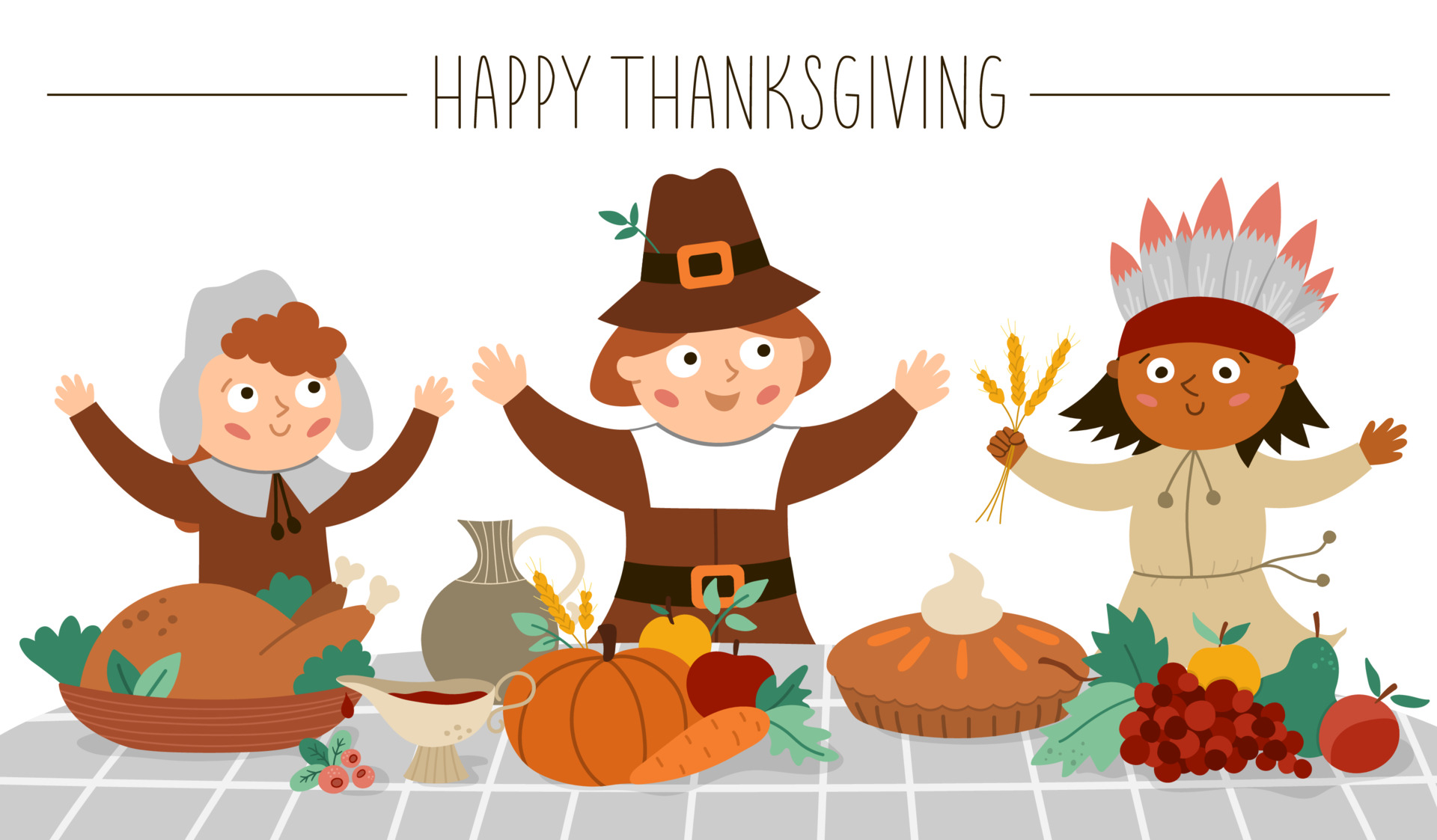 Happy Pilgrims And Native American Indian Give Thanks For The Food Thanksgiving Day Characters