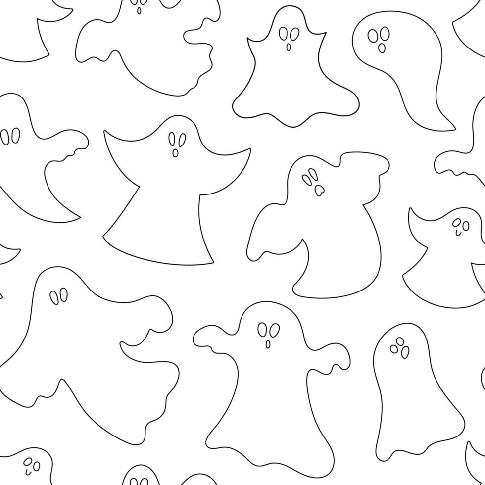 Vector black and white seamless pattern with vector ghosts. Outline Halloween party repeat background with funny spooks. Scary digital paper for Autumn Samhain party