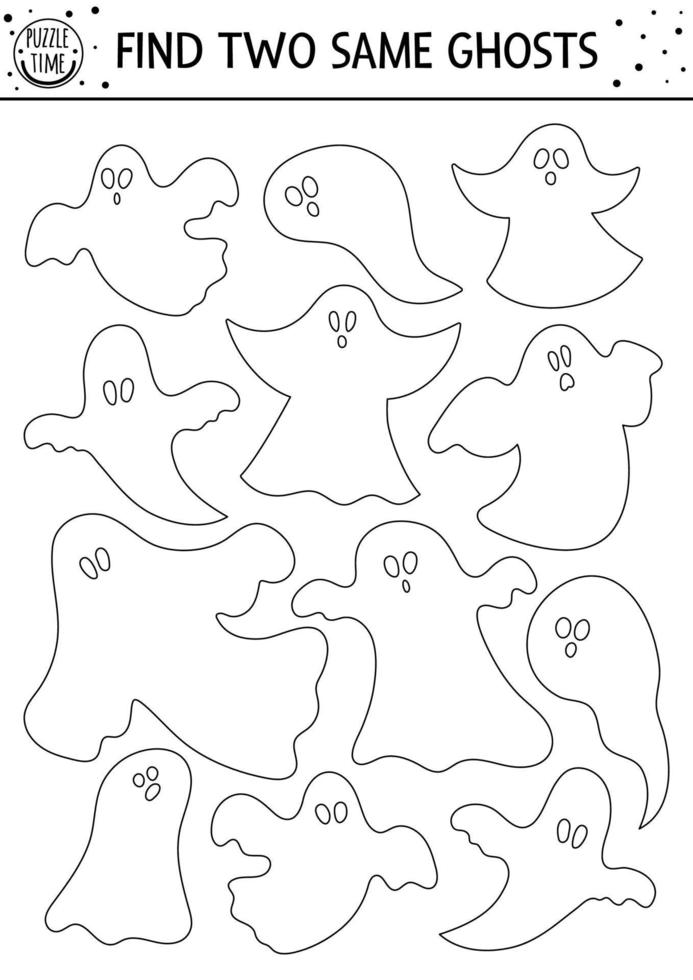 Find two same ghosts. Halloween black and white matching activity for children. Funny autumn quiz worksheet or coloring page for kids. Simple printable line game with scary spooks vector