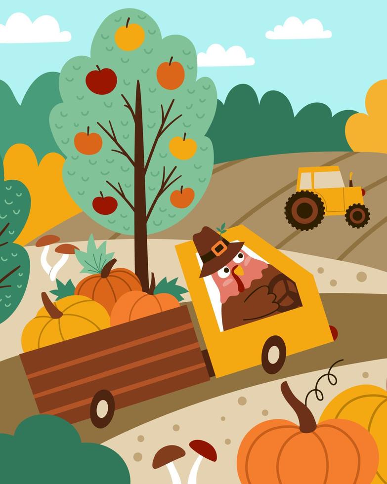 Autumn landscape scene with fields, harvest, nature, turkey driving truck. Comic Thanksgiving card with cute bird, pumpkins. Vector vertical print template design for postcards, invitations