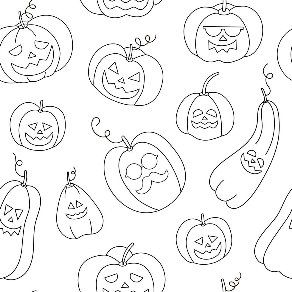 Vector seamless pattern with black and white jack-o-lanterns. Halloween party background with outline pumpkin lanterns. Scary digital paper or coloring page for Autumn Samhain party