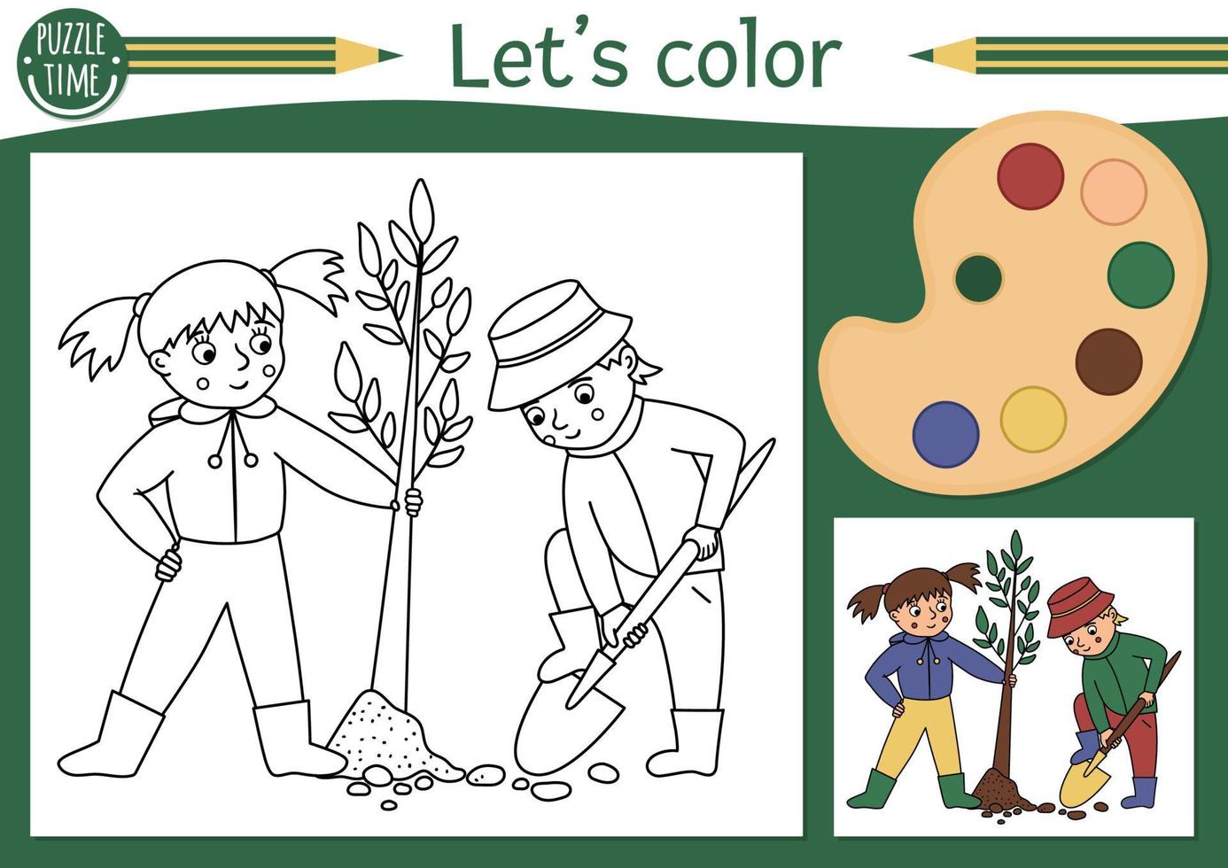 Garden coloring page for children with boy and girl planting a tree. Vector spring outline illustration. Adorable nature color book for kids with colored example. Drawing skill printable worksheet
