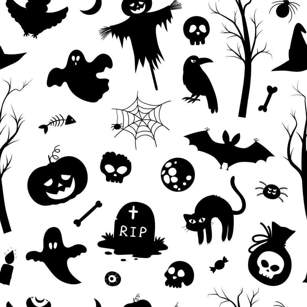 patrón transparente de vector con siluetas de halloween. Fondo de fiesta samhain en blanco y negro. aterrador papel digital con jack-o-lantern, araña, fantasma, calavera, árboles, murciélagos, tumba, web.