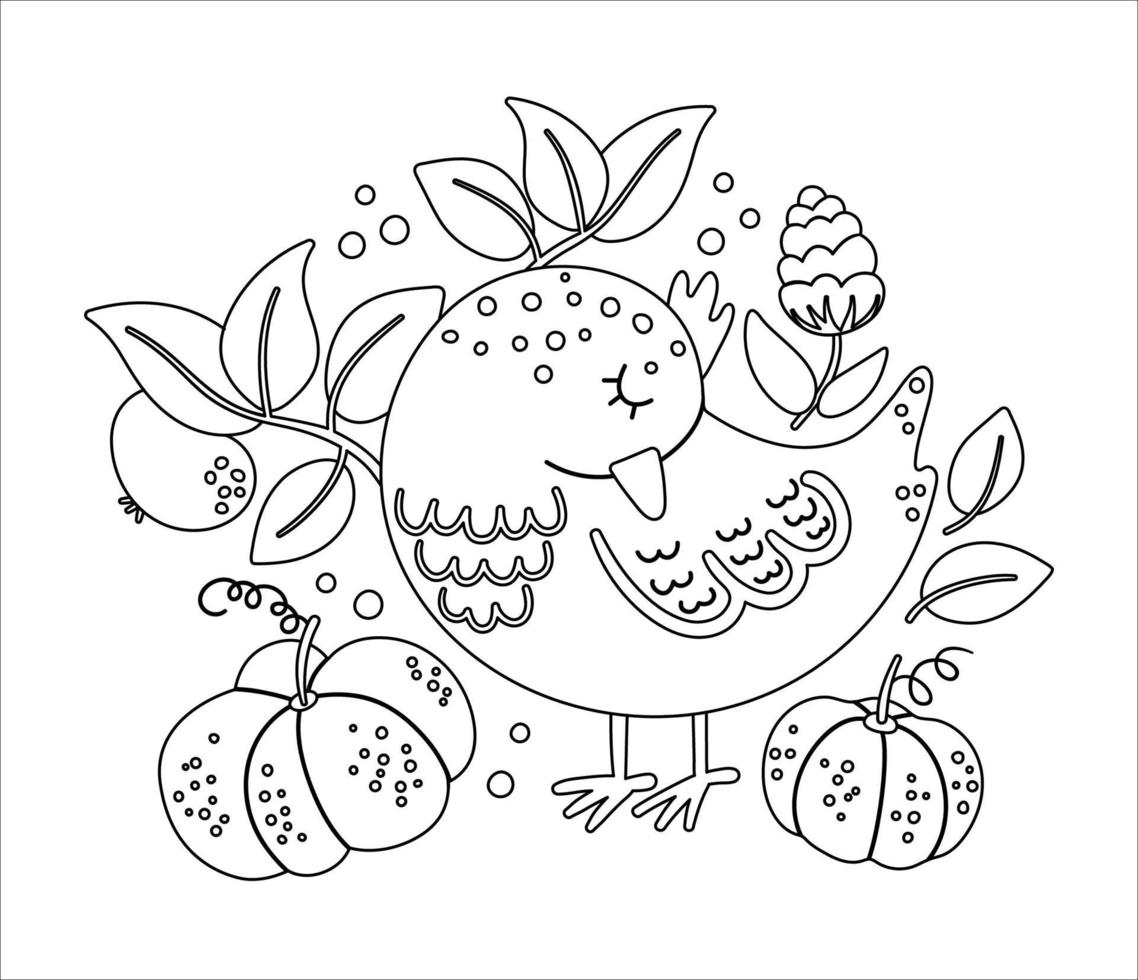 Cute black and white composition with sleeping bird and pumpkins. Vector autumn outline print design isolated on white background. Fall season linear art woodland animal