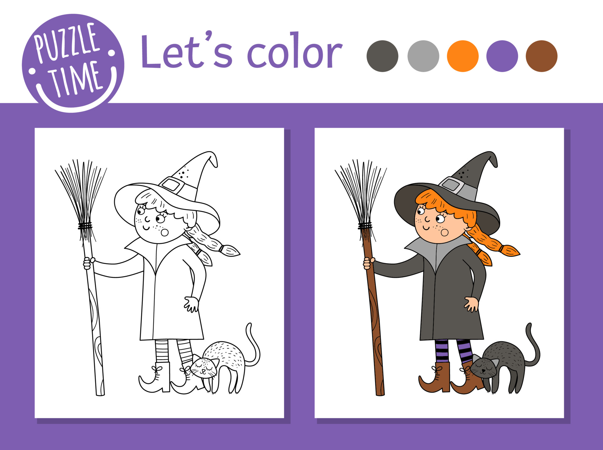 Halloween coloring page for children. Cute funny witch with ...