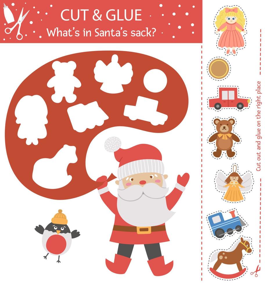 Vector Christmas cut and glue activity. Winter educational crafting game with cute Santa Claus, Bullfinch and toys. Fun activity for kids. What in Santa sack