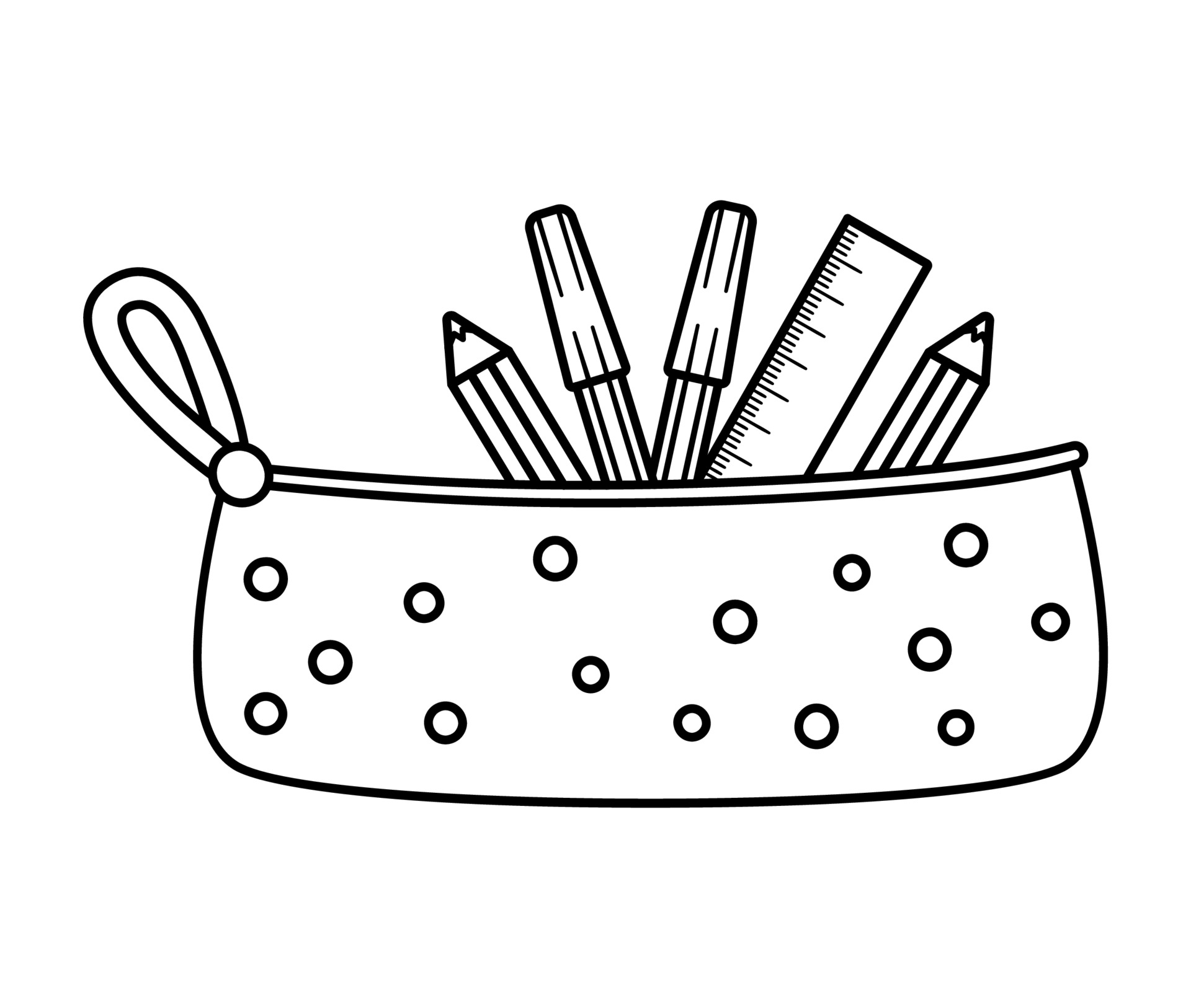 Vector black and white pencil case with stationery. Contour back to school  educational clipart. Cute line style supplies and writing materials.  Outline box with colored pencils, pen, ruler 3758636 Vector Art at