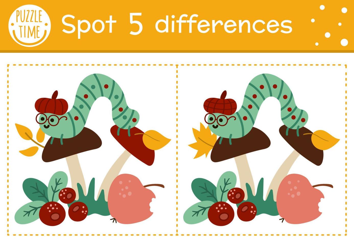 Find differences game for children. Autumn forest educational activity with caterpillar and mushroom. Printable worksheet with cute insect. Woodland puzzle for kids. Fall preschool sheet vector