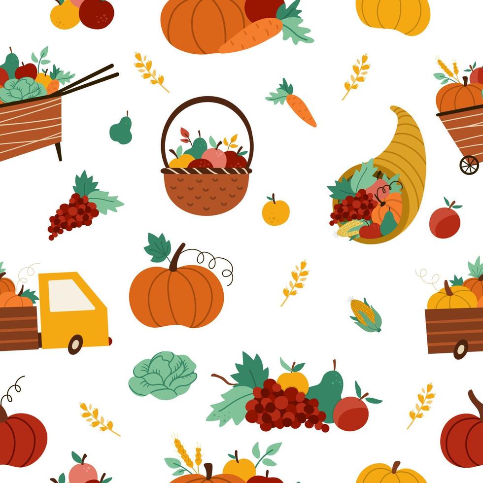 Autumn harvest seamless pattern. Vector repeat background with farm vegetables, fruit, berry, pumpkins, carrot. Funny fall digital paper with basket, wheelbarrow, cornucopia.