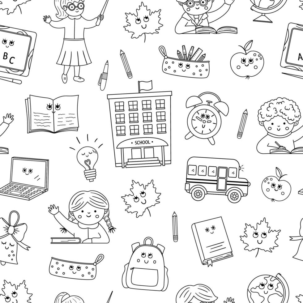 regreso a la escuela patrón transparente de vector blanco y negro. papel digital de esquema educativo. Fondo de objetos de aula de línea linda o página para colorear con maestro, alumnos, elementos kawaii.