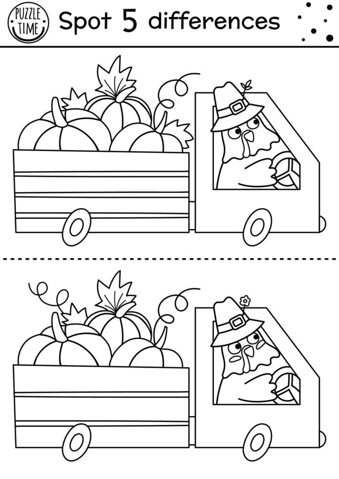 Find differences line game for children. Thanksgiving coloring activity with funny turkey driving a van with pumpkins. Fall printable worksheet. Autumn black and white holiday puzzle for kids vector