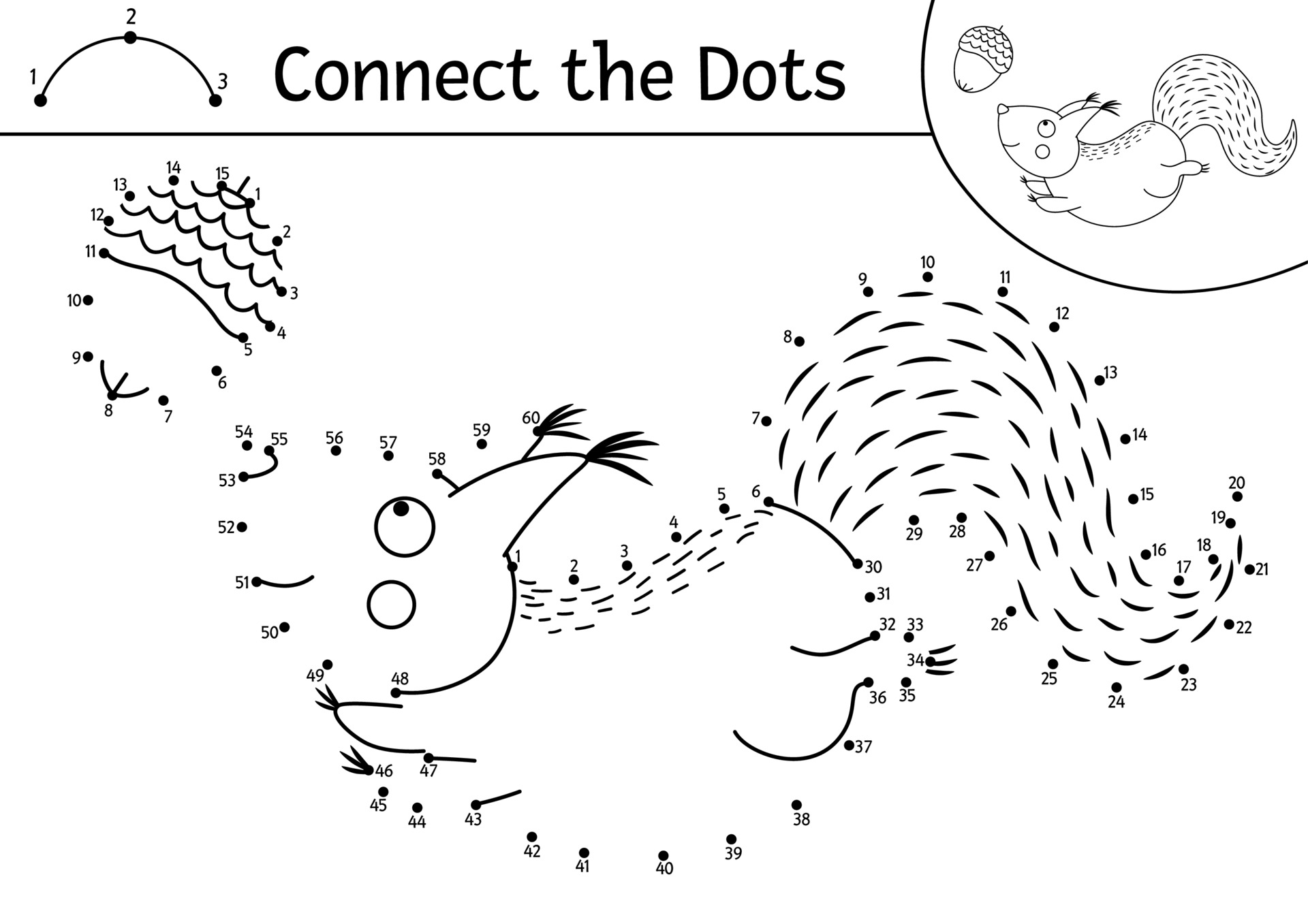 Vector Dot To Dot And Color Activity With Cute Squirrel Hunting Acorn Forest Connect The Dots Game For Children With Animal Woodland Coloring Page For Kids Nature Themed Printable Worksheet Vector Art At