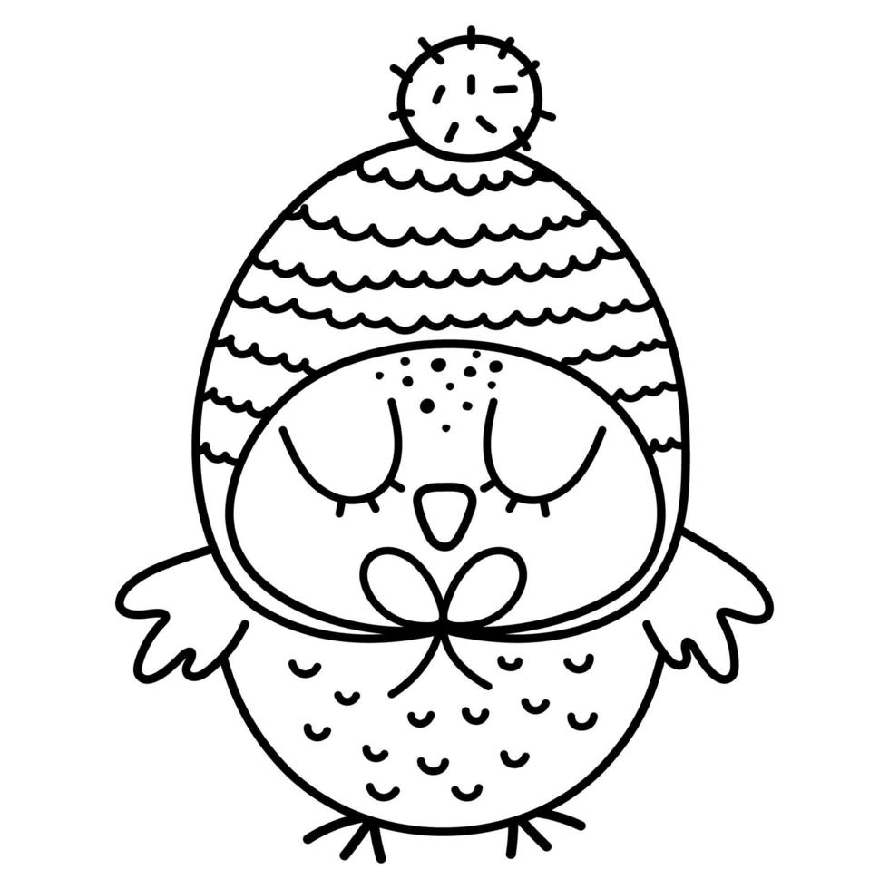 Cute black and white owl in hat. Vector outline autumn bird isolated on white background. Fall season woodland line animal icon for print, postcard.  Funny forest or Thanksgiving Day illustration.