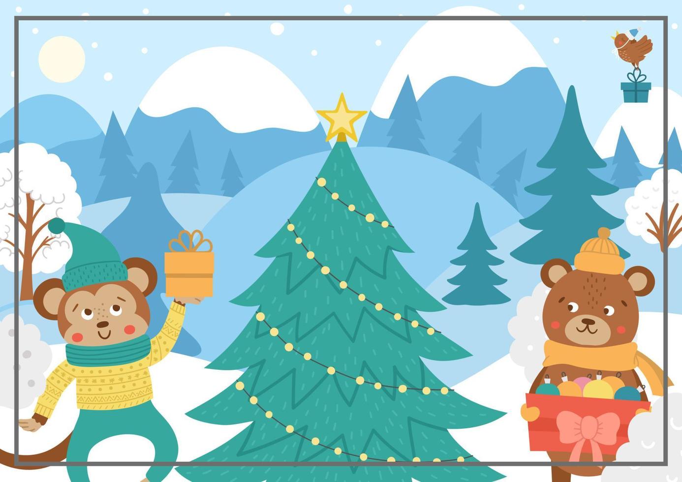 Vector winter forest background with cute animals, fir tree, snow. Funny woodland Christmas card or boor cover with bear, monkey, presents. Flat New Year horizontal illustration for children.