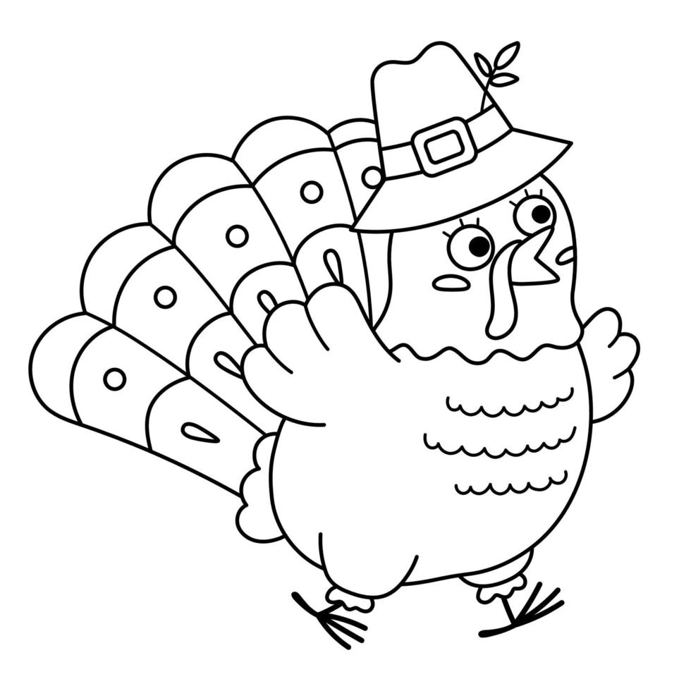 Vector black and white Thanksgiving turkey in pilgrim hat. Autumn bird line icon. Outline fall holiday running animal with bulging eyes isolated on white background.