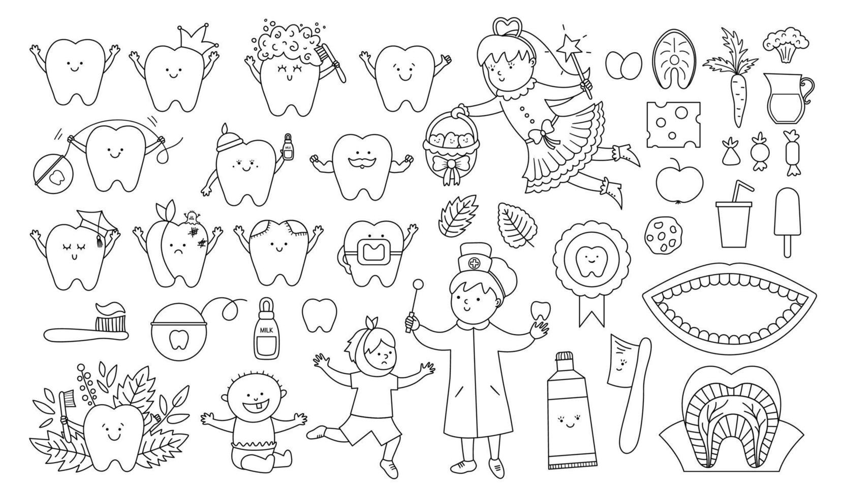 Black and white dental care vector set. Outline collection with Tooth fairy, smiling toothbrush, teeth, dentist, dental clinic, tools. Big stomatology elements pack for kids. Mouth hygiene line icons