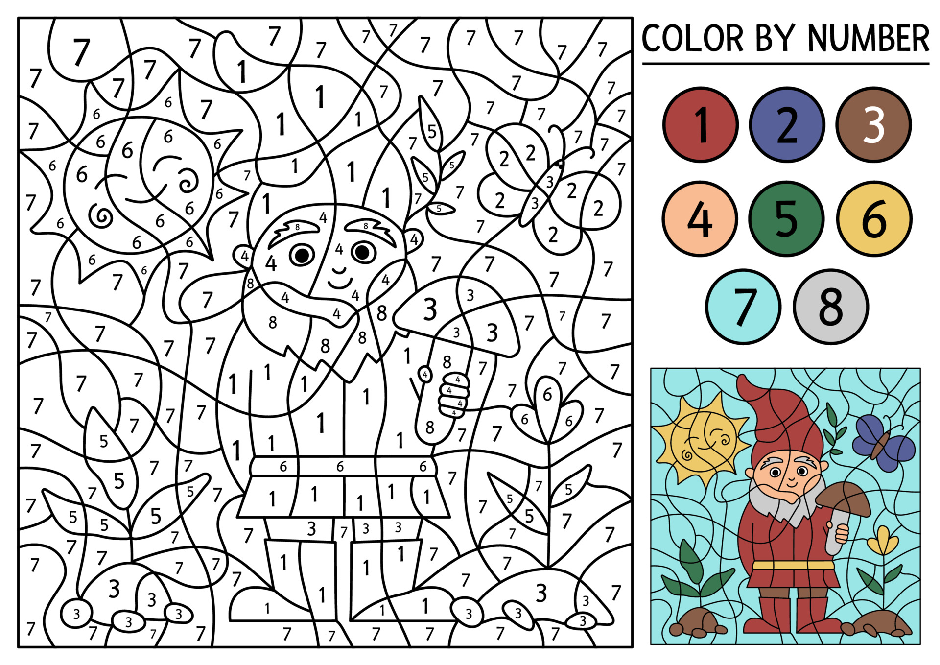 Vector spring color by number activity with gnome, sun, baby ...