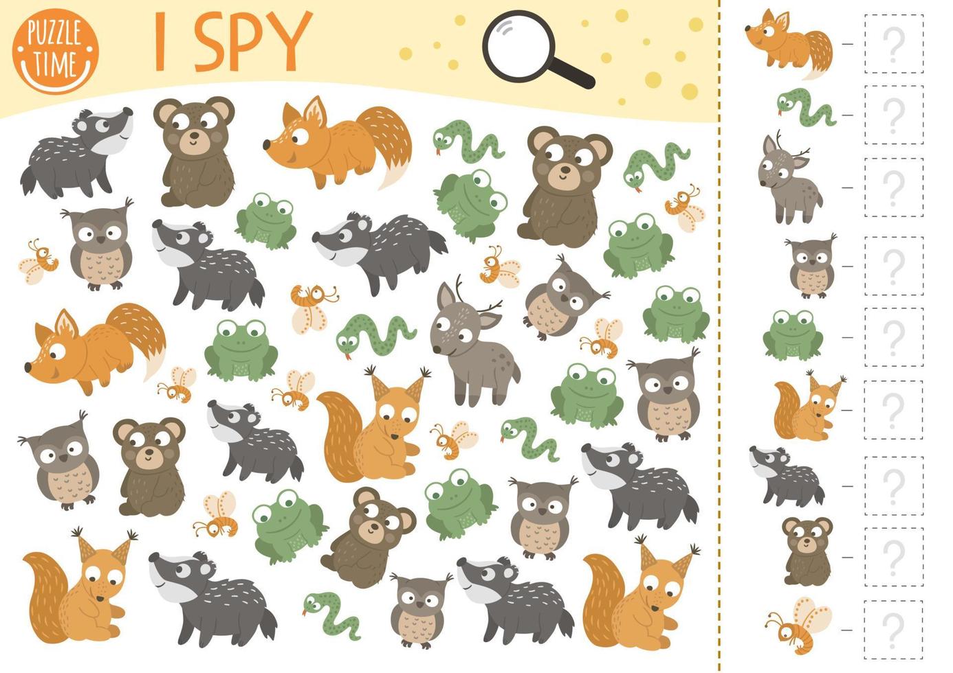 Forest baby animals I spy game for kids. Searching and counting activity  for preschool children with little fox, squirrel, bear, frog. Funny  woodland printable worksheet for kids. Simple puzzle 3758660 Vector Art