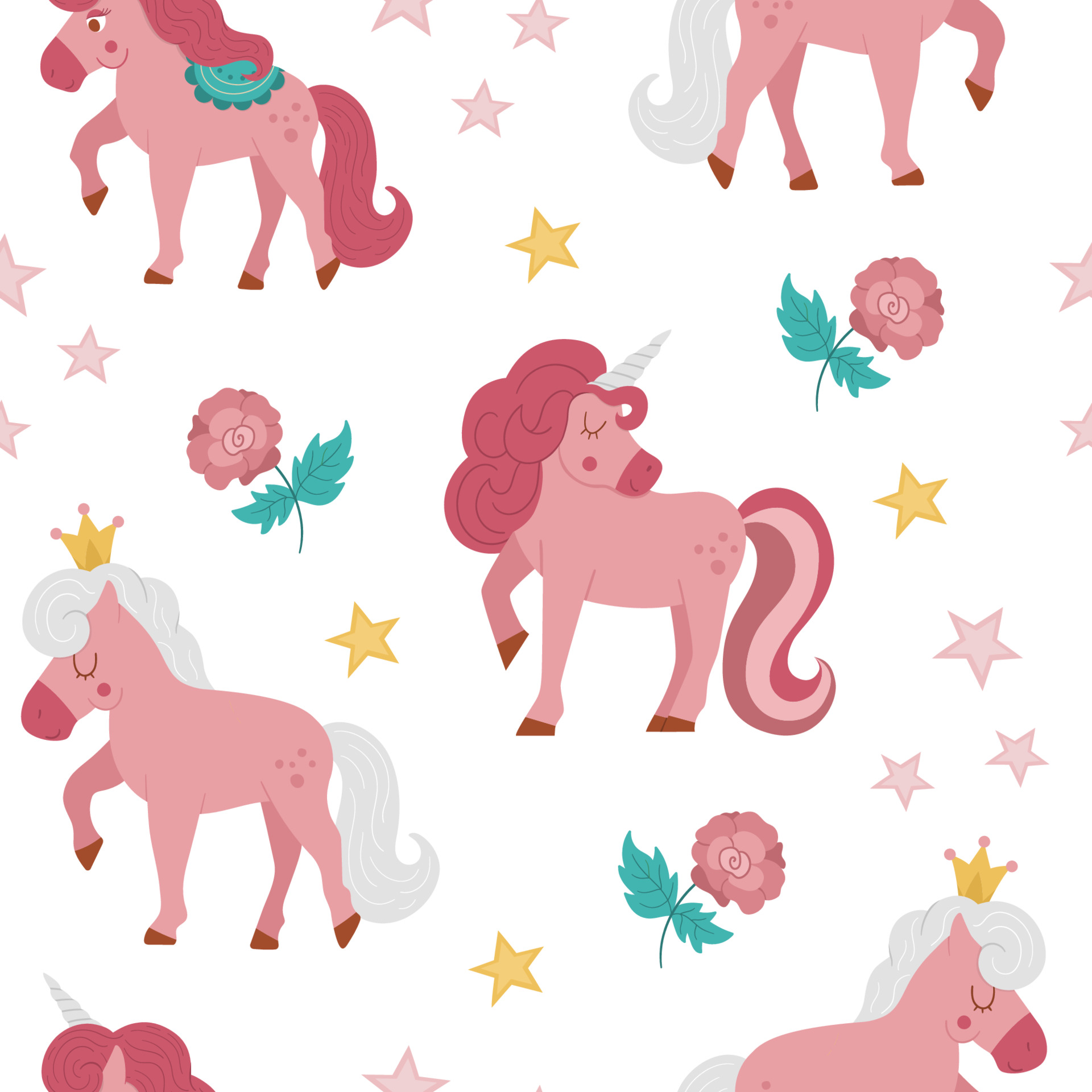 Vector Seamless Pattern With Pink Unicorn Rose Stars Crowns Fairy Tale Princess Repeat Background Girlish Cartoon Magic Texture With Fantasy Horses And Flowers Vector Art At Vecteezy