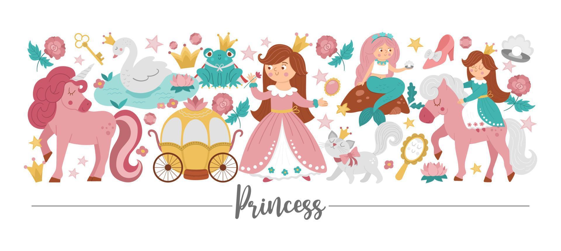 Vector horizontal border set with cute fantasy princess, unicorn and fairytale elements. Medieval fairy tale card template design with cute magic characters. Funny magic storybook border