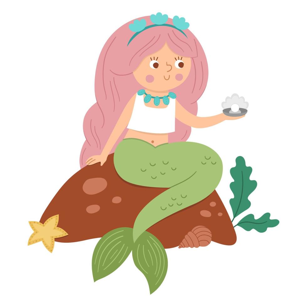 sirena de vector de cuento de hadas sentada en una roca y sosteniendo una perla. chica de fantasía en corona aislado sobre fondo blanco. princesa del mar de cuento de hadas con cabello rosa. icono mágico de dibujos animados de niña con personaje lindo