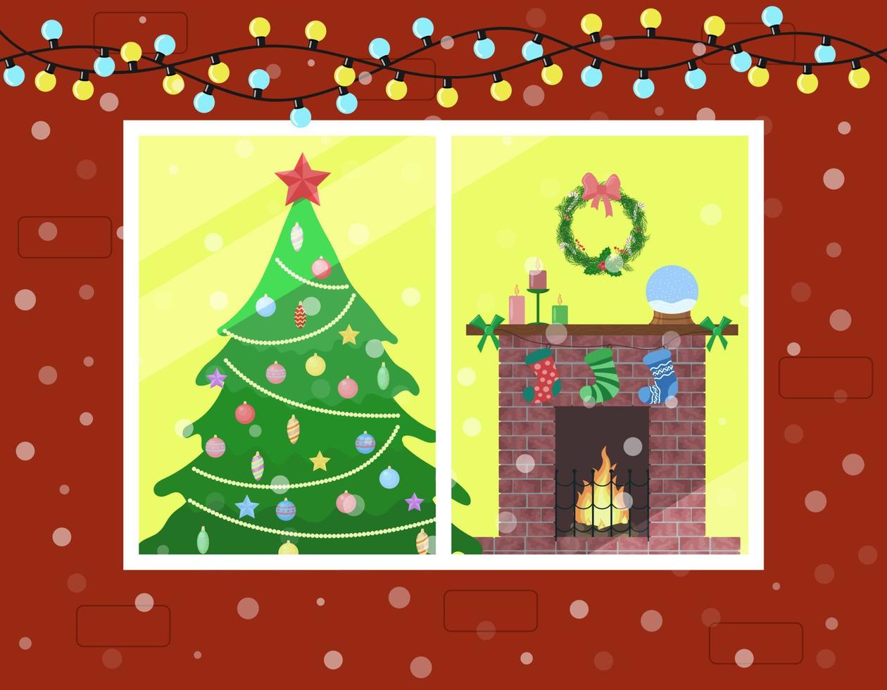 Christmas interior. Outside view of room in window from street. Christmas tree and fireplace decoration. Home New year celebration concept. Vector flat illustration
