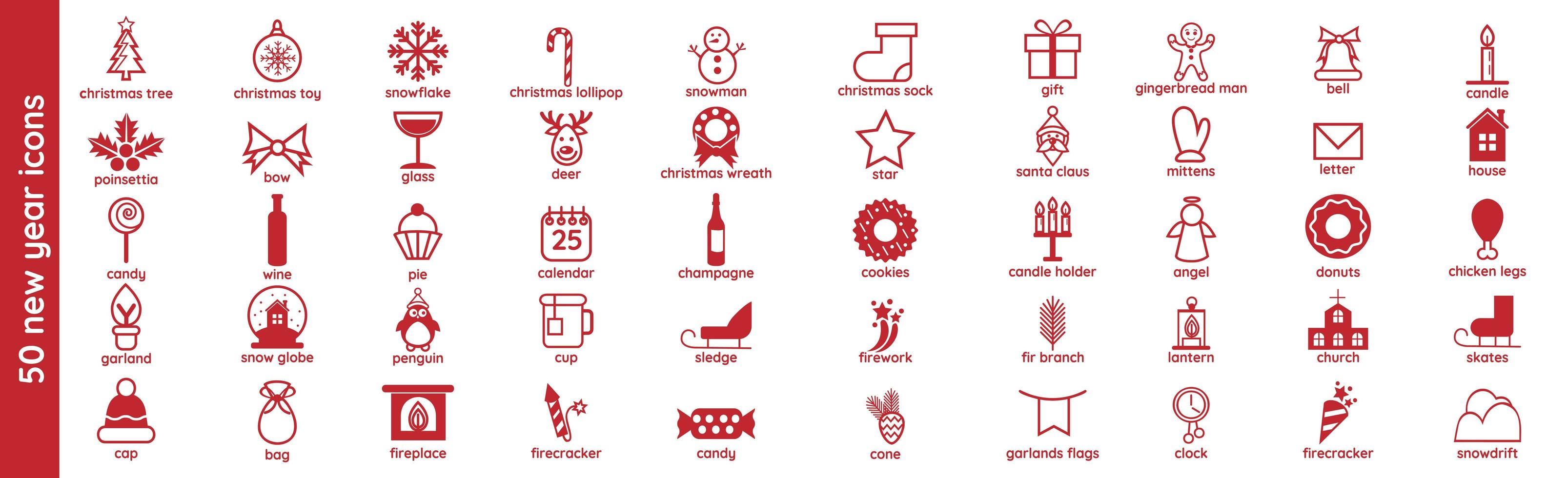 50 Pieces of Festive New Year Icons on White Background - Vector