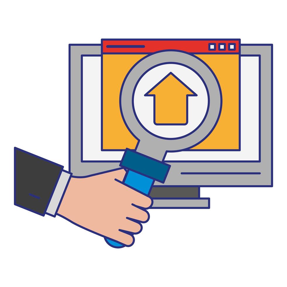 computer with upload sign and magnifying glass vector