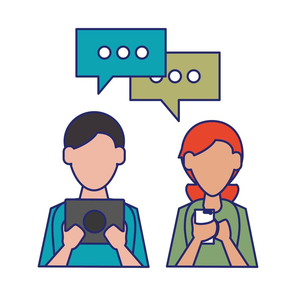 couple with cellphone and laptop blue lines vector