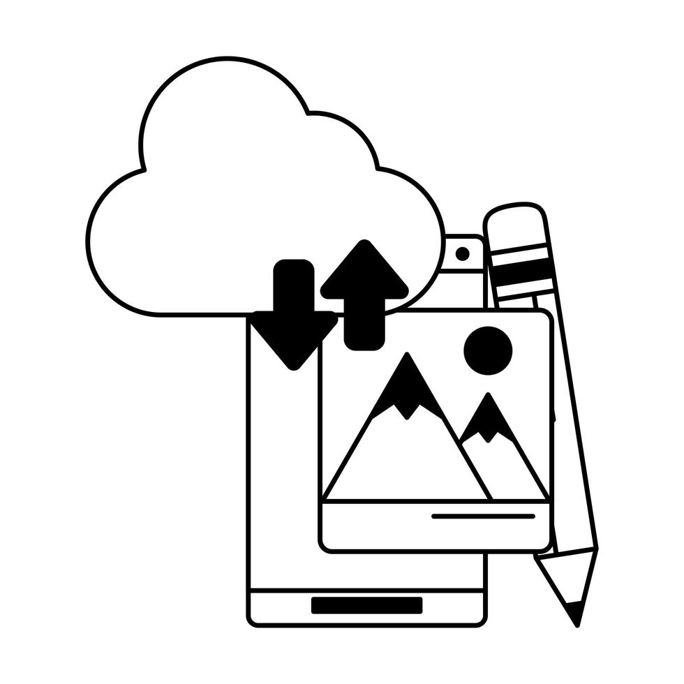 cellphone with cloud transfer pencil vector