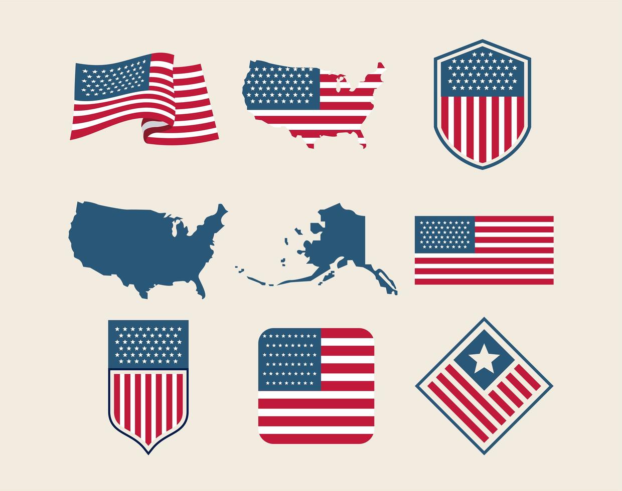 nine usa flags icons vector