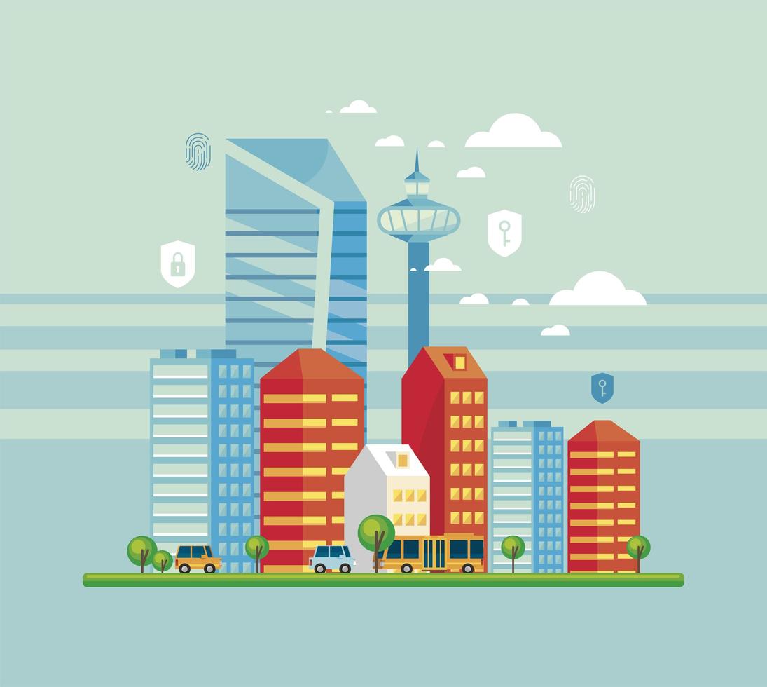 smartcity with security items vector