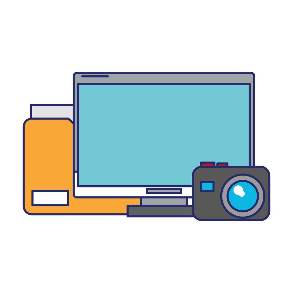 computer with documents folder and camera blue lines vector