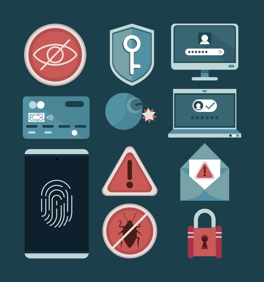 eleven cyber security icons vector