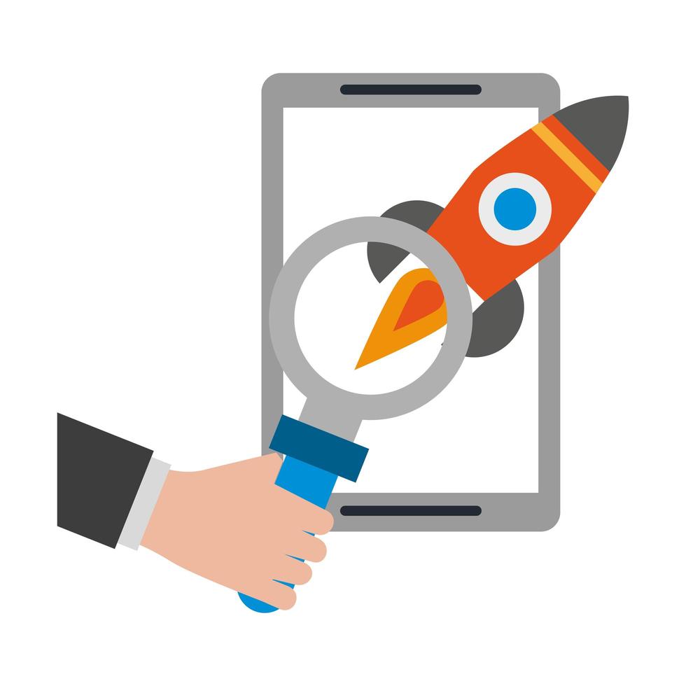 tablet with rocket and magnifying glass vector