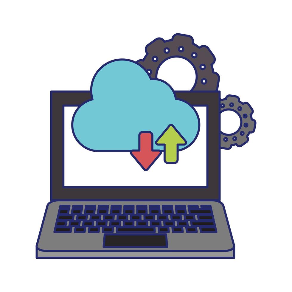 computer with cloud tranfer symbol and gears blue lines vector